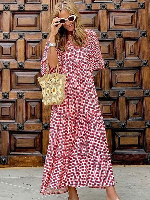 Women's Clothing Dresses | Jewel Neck Maxi Dress 3/4 Length Sleeves Polyester Casual Floral Print Long Dress - NF93460
