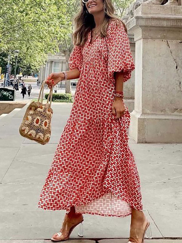 Women's Clothing Dresses | Jewel Neck Maxi Dress 3/4 Length Sleeves Polyester Casual Floral Print Long Dress - NF93460