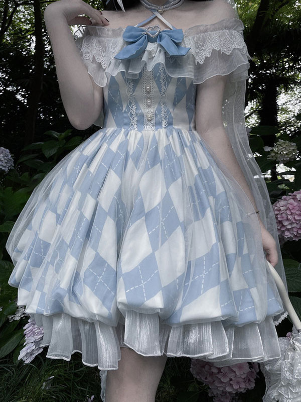 Sweet Lolita Dress Alice In Wonderland Costumes Short Sleeves Elegant  One-Shoulder OP Dress 