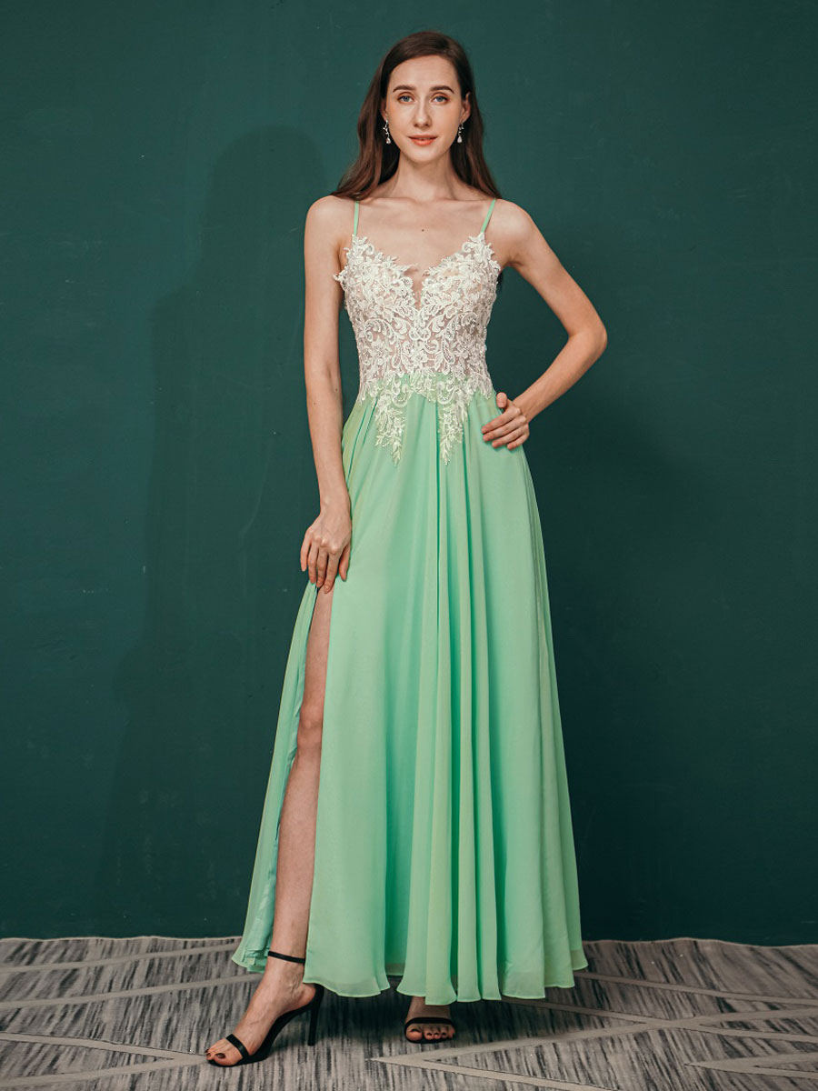 Wedding & Events Occasion Dresses | Prom Dress 2022 A-Line V-Neck Chiffon Floor-Length Applique Formal Dinner Dresses - ZT87931