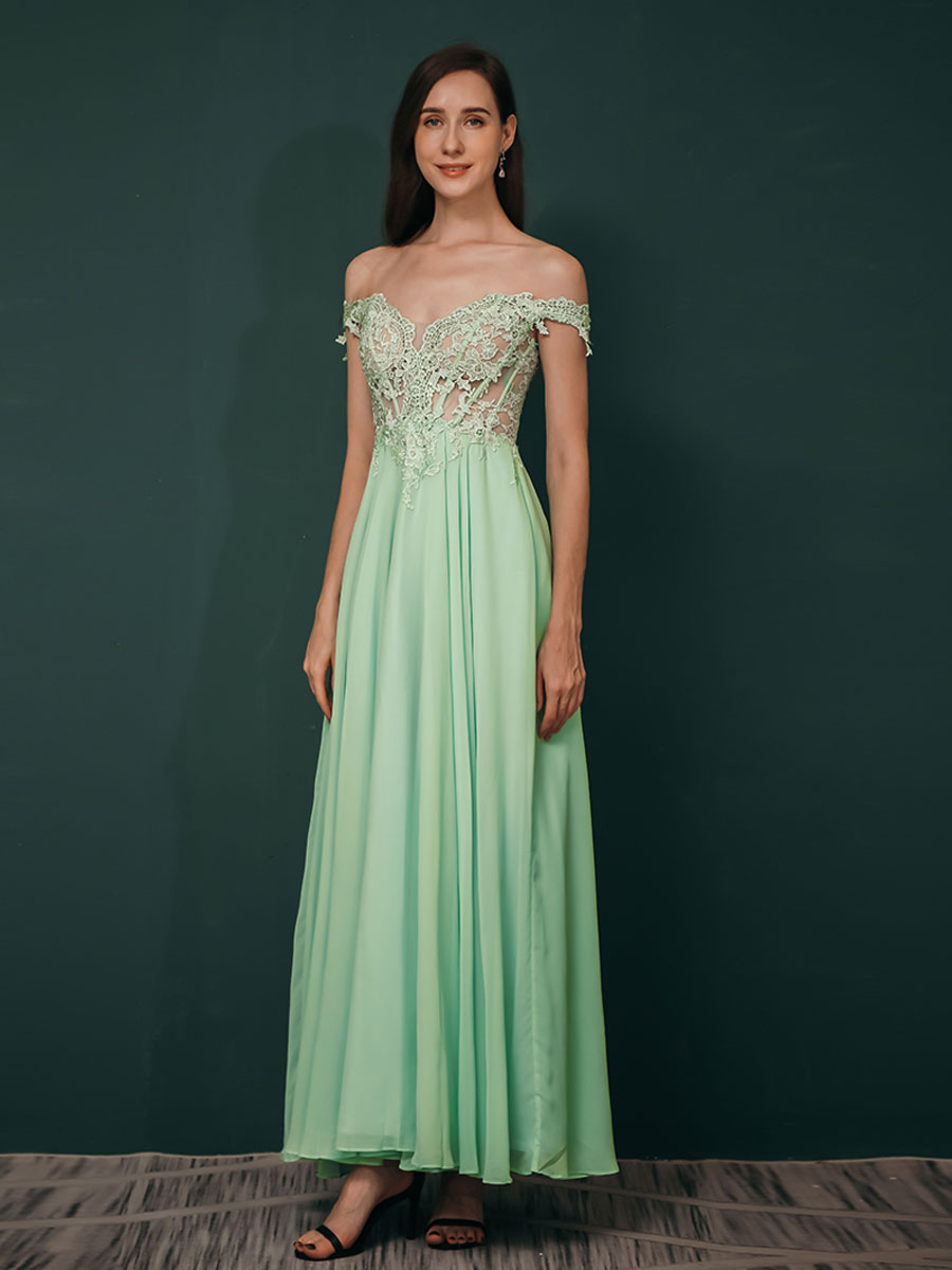 Wedding & Events Occasion Dresses | Prom Dress 2022 A-Line Off-The-Shoulder Lace Floor-Length Applique Party Dresses - VR99415