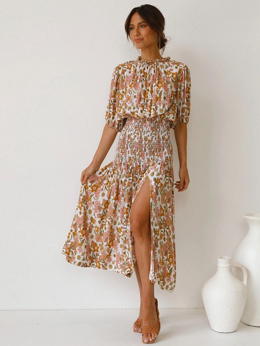 Women's Clothing Dresses | Jewel Neck Maxi Dress Short Sleeves Polyester Casual Floral Print Floor Length Dress - IC42716