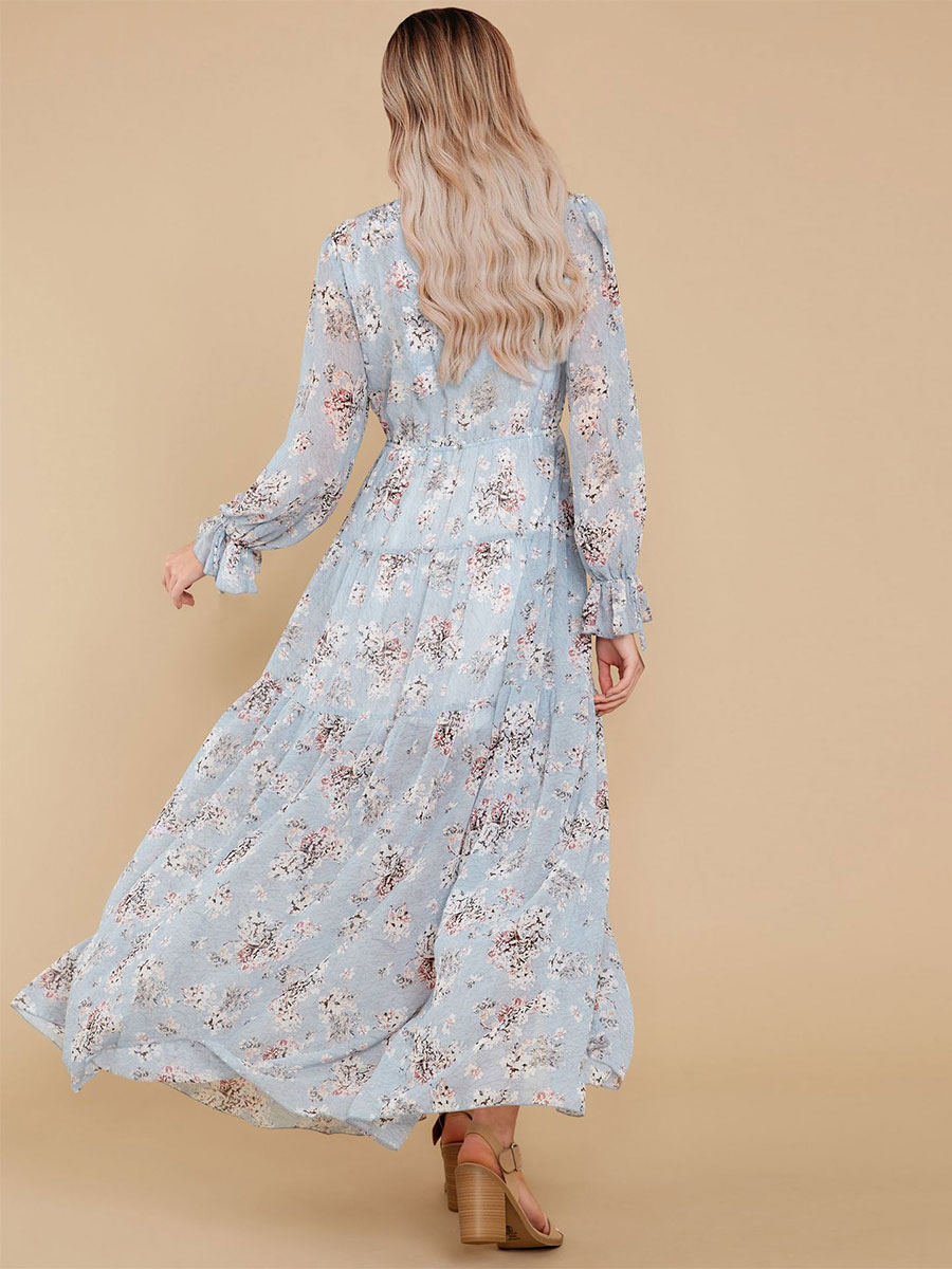 Women's Clothing Dresses | Maxi Dress V-Neck Long Sleeves Polyester Casual Floral Print Long Dress - LE35834
