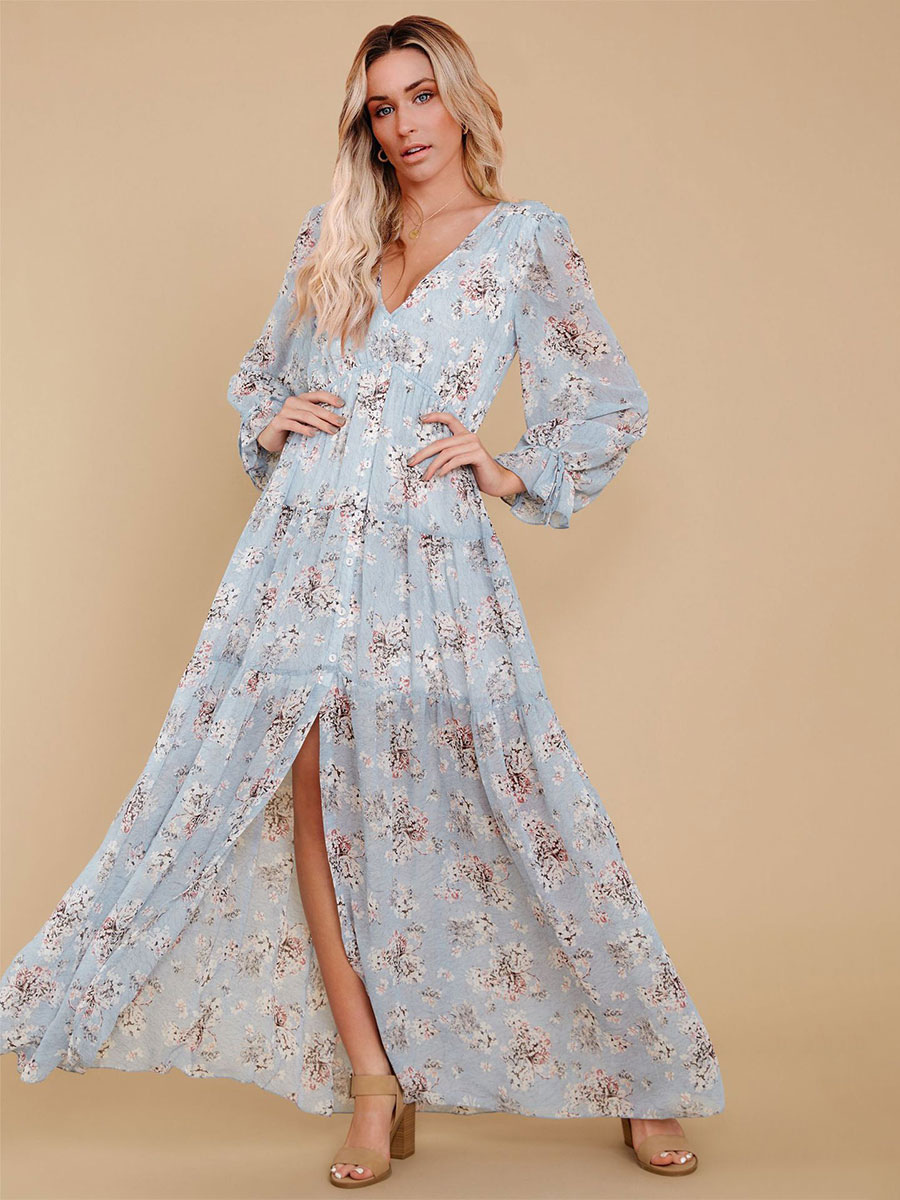 Women's Clothing Dresses | Maxi Dress V-Neck Long Sleeves Polyester Casual Floral Print Long Dress - LE35834