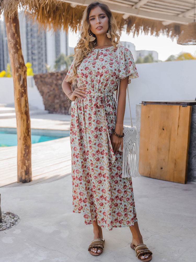Women's Clothing Dresses | Maxi Dress Jewel Neck Short Sleeves Polyester Casual Floral Print Long Dress - UW86600