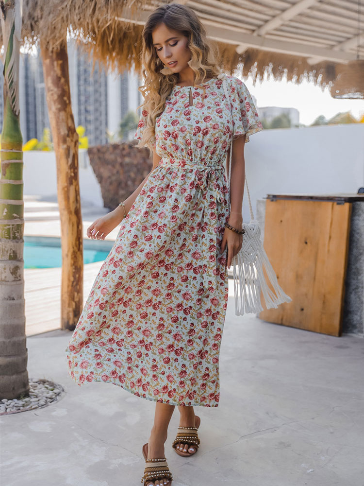 Women's Clothing Dresses | Maxi Dress Jewel Neck Short Sleeves Polyester Casual Floral Print Long Dress - JM86542