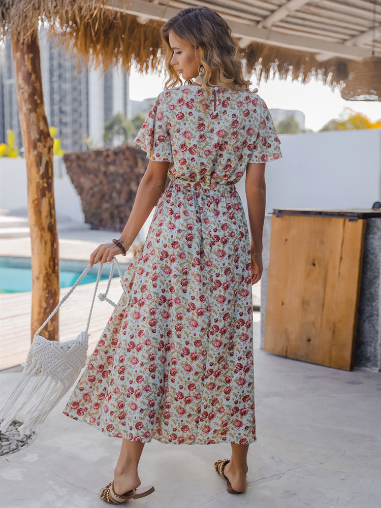 Women's Clothing Dresses | Maxi Dress Jewel Neck Short Sleeves Polyester Casual Floral Print Long Dress - JM86542