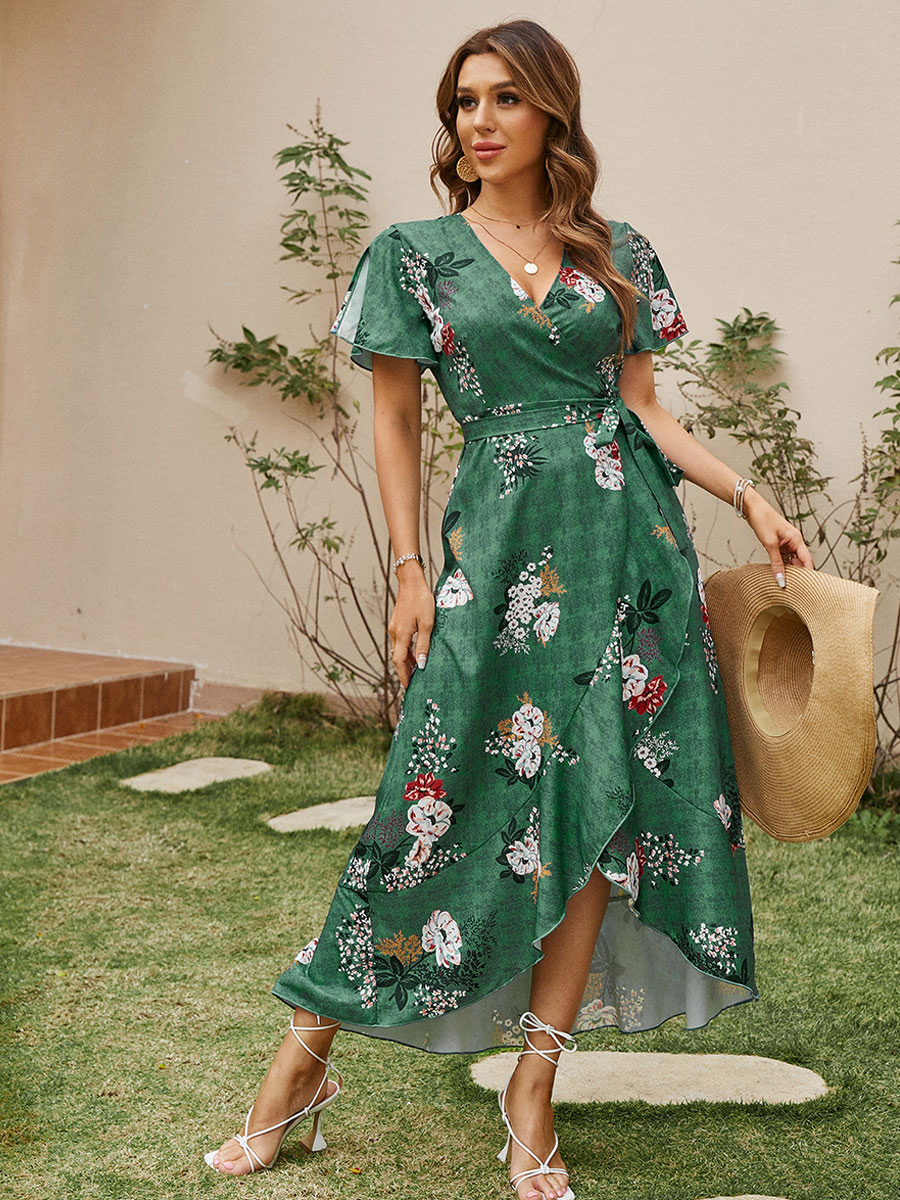 Women's Clothing Dresses | Maxi Dress V-Neck Short Sleeves Polyester Casual Floral Print Long Dress - LB06259