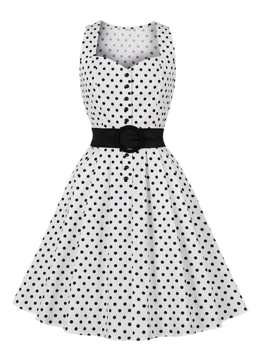 Women's Clothing Dresses | Vintage Dress 1950s White Polka Dot Women Sleeveless Rockabilly Dress - ZX54706