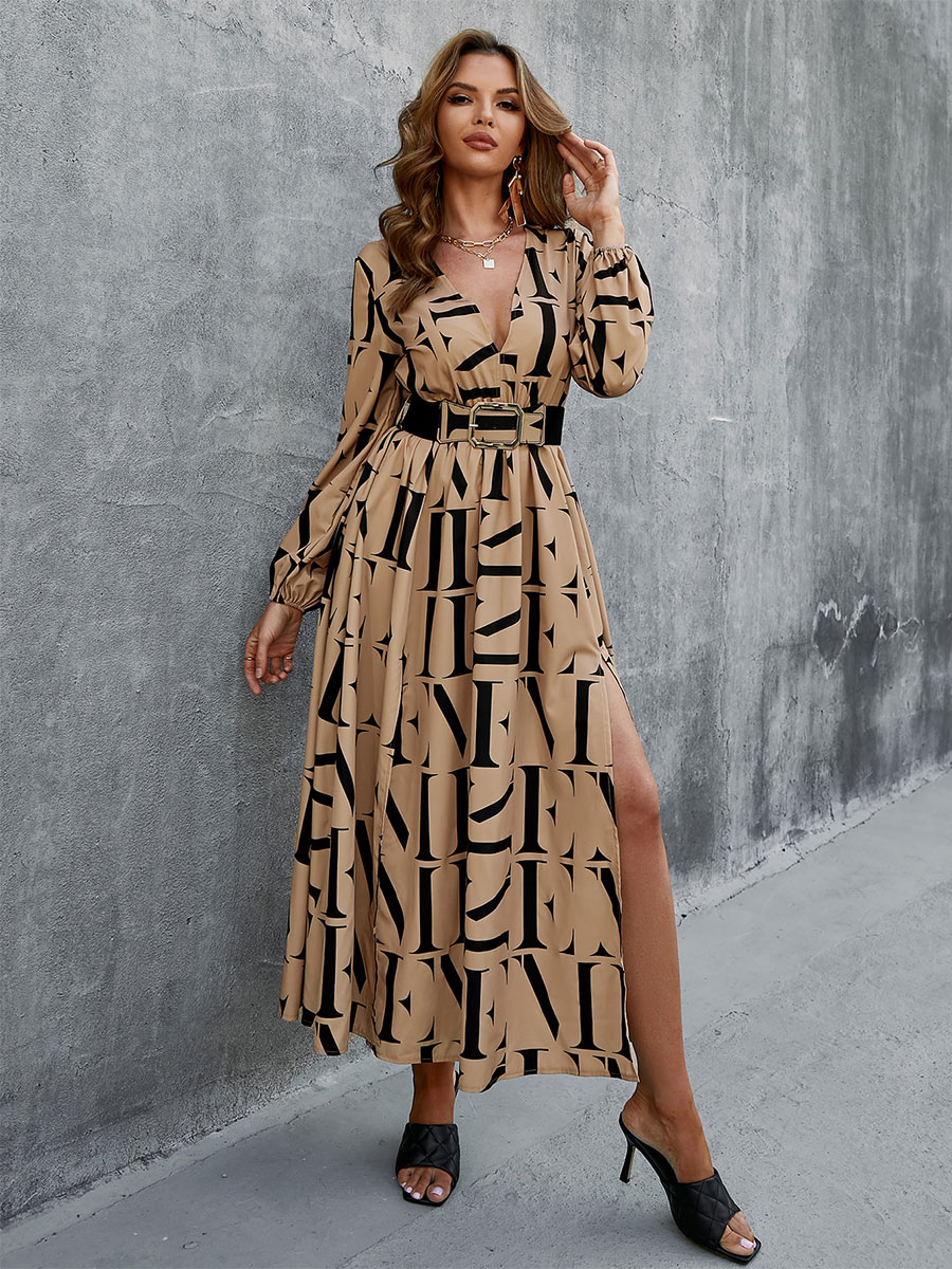 Women's Clothing Dresses | Maxi Dress V-Neck Long Sleeves Polyester Casual Letters Print Long Dress - PX28280