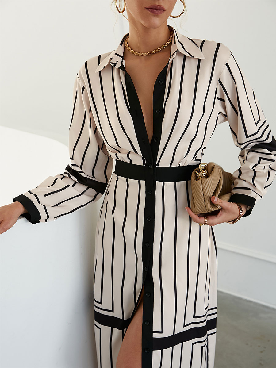 Women's Clothing Dresses | V-Neck Maxi Dress Long Sleeves Polyester Casual Stripes High-slit Floor Length Dress - JQ02634