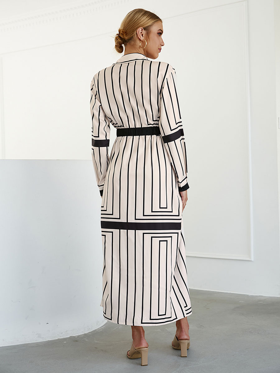 Women's Clothing Dresses | V-Neck Maxi Dress Long Sleeves Polyester Casual Stripes High-slit Floor Length Dress - JQ02634