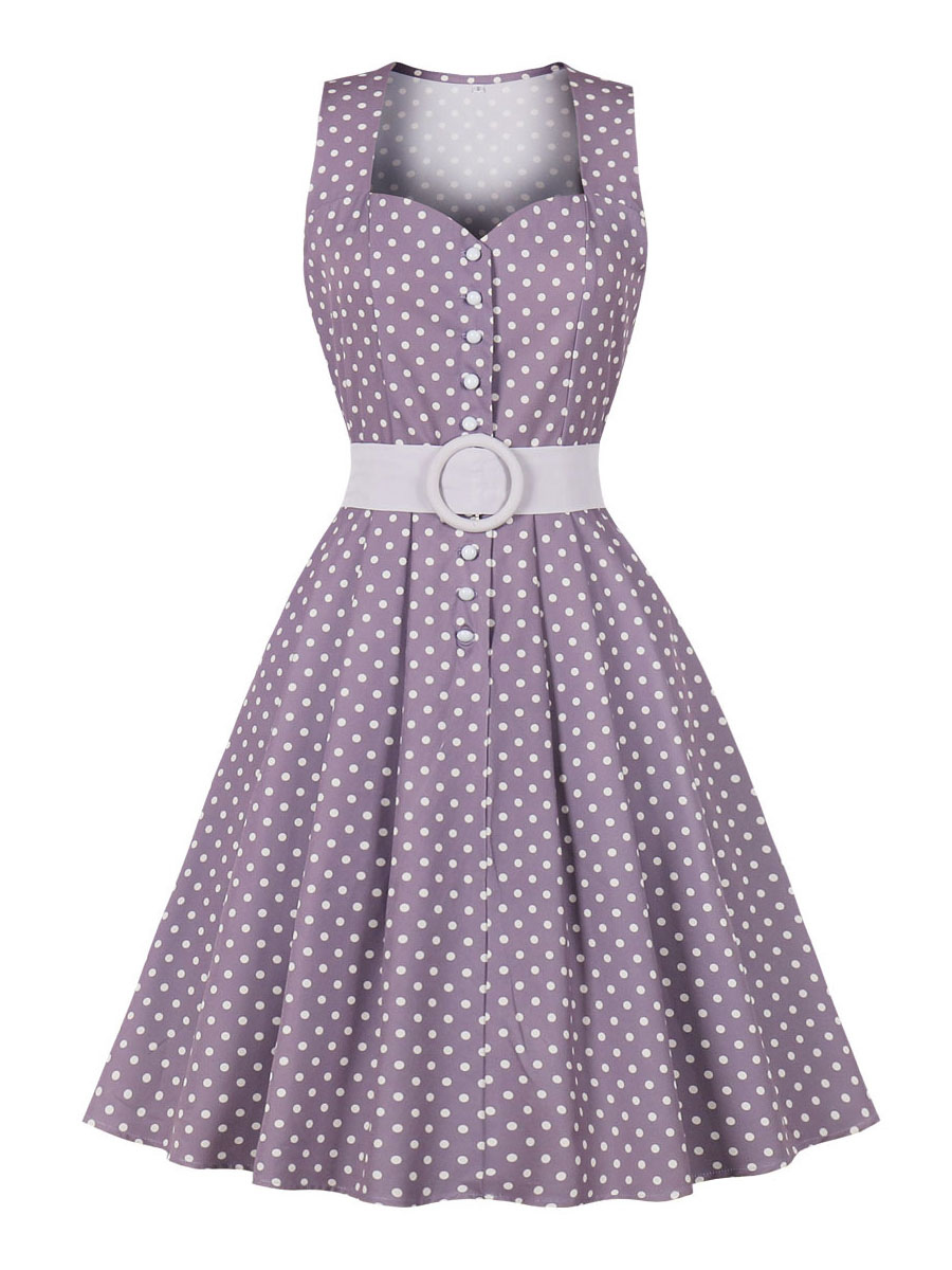 Women's Clothing Dresses | Retro Dress 1950s Lavender Polka Dot Women Sleeveless Swing Dress - DL11156