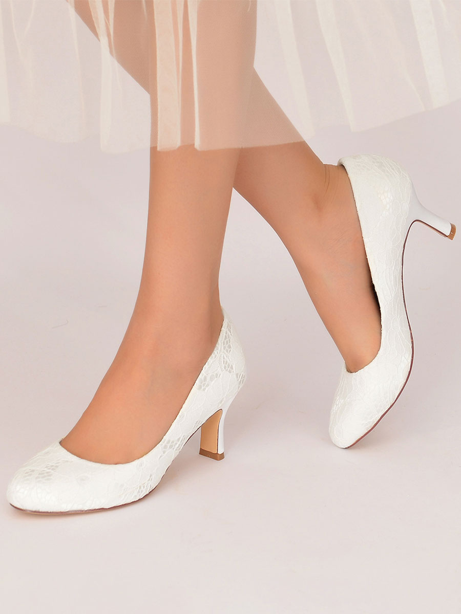 Zapatos de Fiesta | Zapatos de boda para mujer Zapatos de novia de tacón grueso con punta redonda y encaje bordado - FZ08378