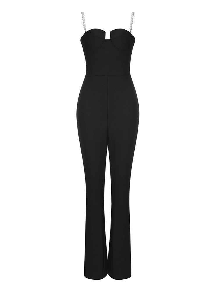 Women's Clothing Jumpsuits & Rompers | Black Straps V-Neck Sleeveless Zipper Backless Polyester Flared Jumpsuits For Women - KP9