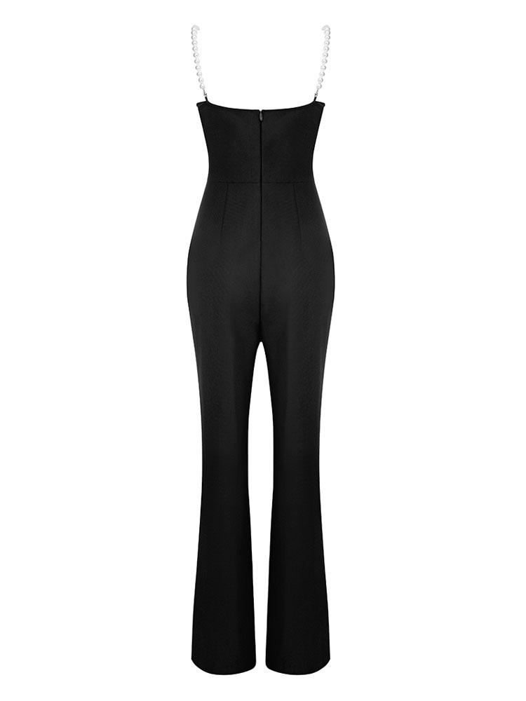 Women's Clothing Jumpsuits & Rompers | Black Straps V-Neck Sleeveless Zipper Backless Polyester Flared Jumpsuits For Women - KP9