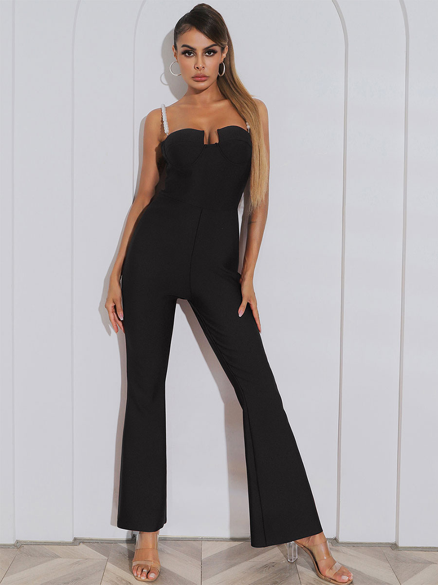 Women's Clothing Jumpsuits & Rompers | Black Straps V-Neck Sleeveless Zipper Backless Polyester Flared Jumpsuits For Women - KP9