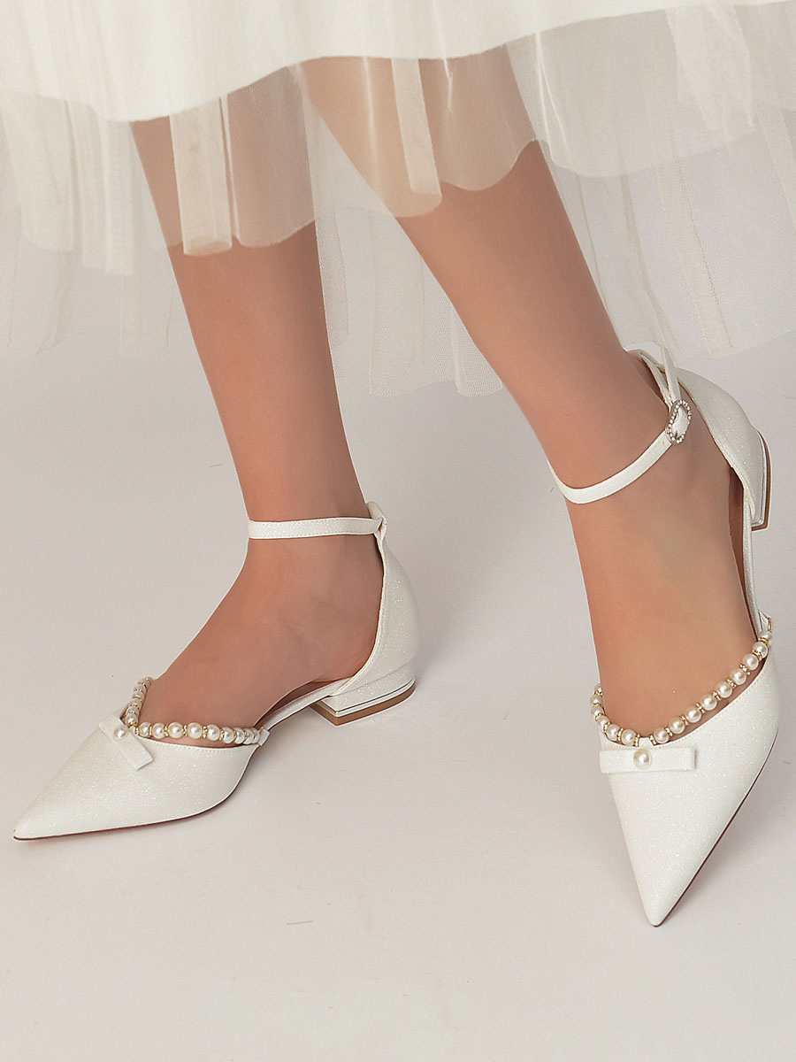 Zapatos de Fiesta | Zapatos de boda para mujer Perlas Lentejuelas Tela Punta estrecha Zapatos de novia planos - VE16935