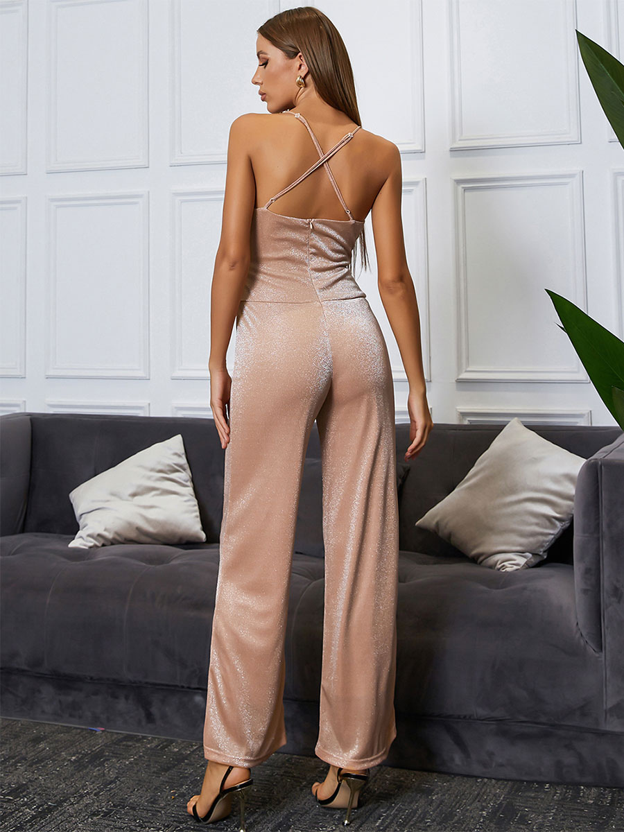 Women's Clothing Jumpsuits & Rompers | Apricot Straps V-Neck Sleeveless Pleated Backless Spaghetti Velour Jumpsuits For Women - 