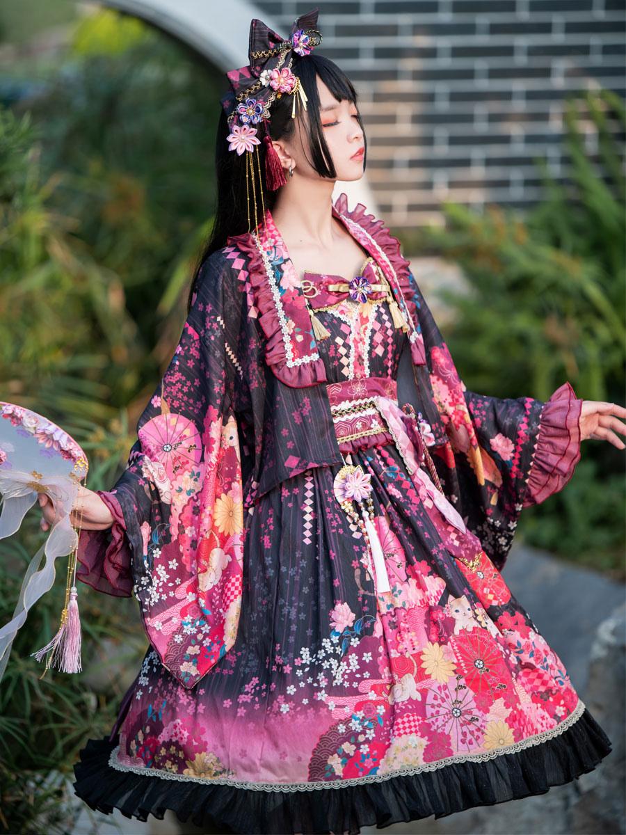 ロリータドレス 和 ポリエステル弓花柄 プリントキモノ ロリータドレス 和 ポリエステル弓花柄 プリントキモノ