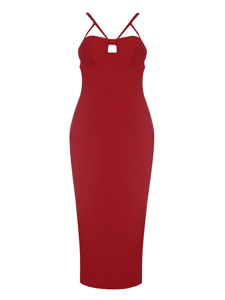 Women's Clothing Dresses | Party Dresses Red Straps Neck Split Front Sleeveless Backless Semi Formal Dress - OX63988