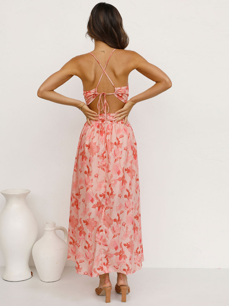 Women's Clothing Dresses | Summer Dress V-Neck Printed Pink Long Beach Dress - FZ48601