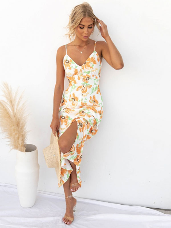 Women's Clothing Dresses | Summer Dress V-Neck Printed Crotchless Yellow Long Beach Dress - BC70659
