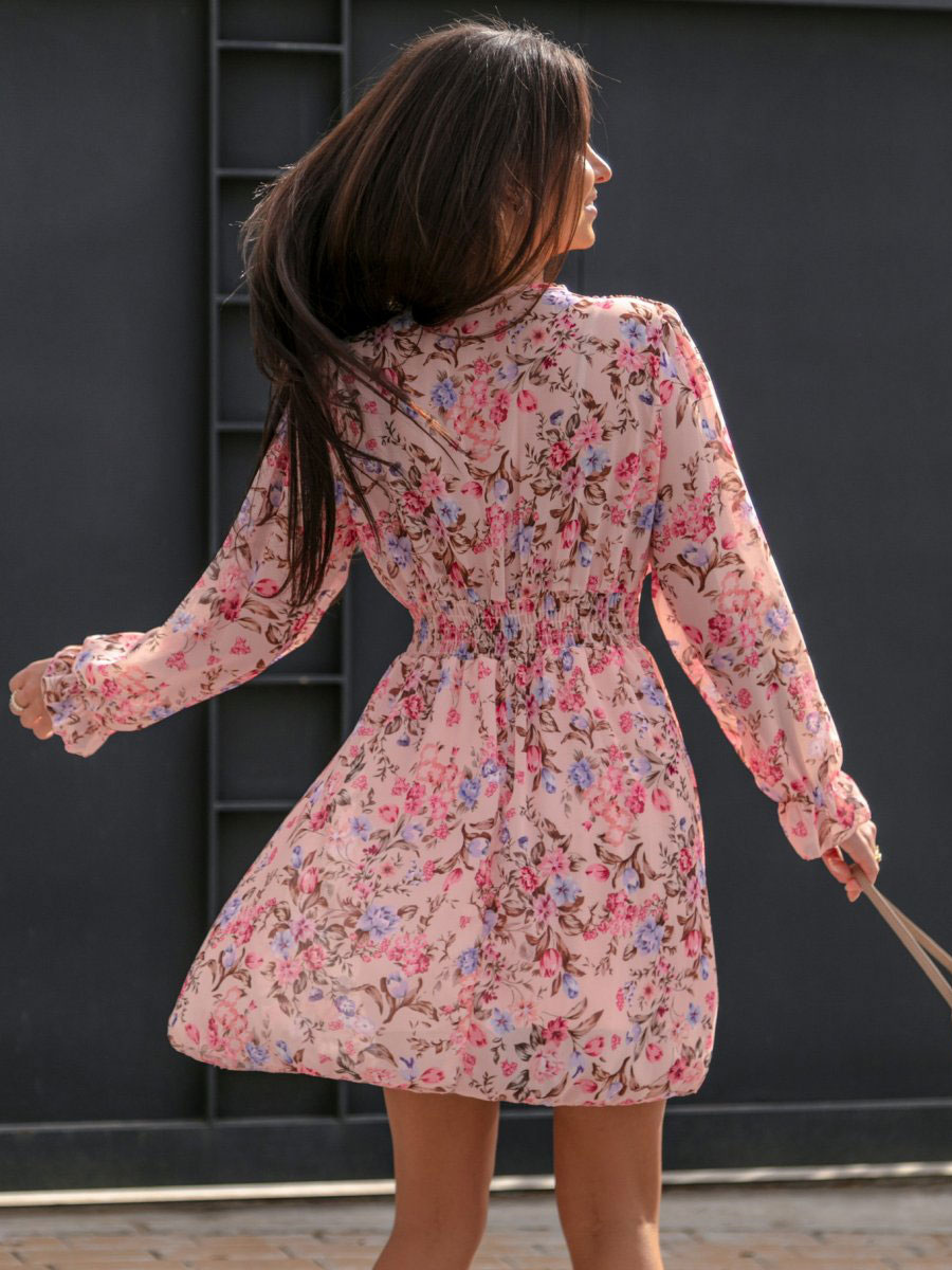 Women's Clothing Dresses | Mini Dresses Pink Floral Print Long Sleeves Polyester Short Dress - QT46957