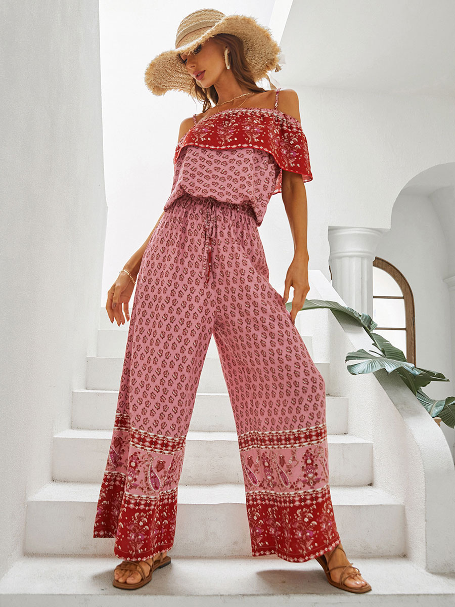 Women's Clothing Jumpsuits & Rompers | Red Floral Print Bateau Neck Short Sleeves Open Shoulder Polyester Wide Leg Jumpsuits For Women - WH99764