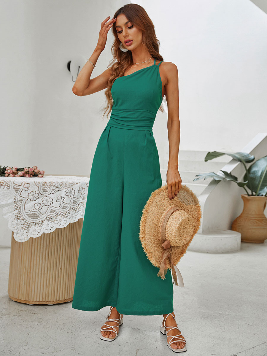 Women's Clothing Jumpsuits & Rompers | Green One Shoulder Neckline Sleeveless Backless Polyester Wide Leg Jumpsuits For Women - VA68603