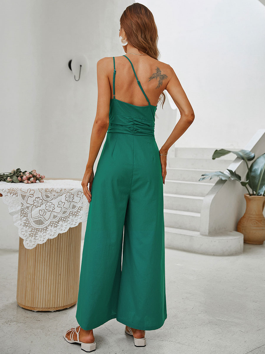Women's Clothing Jumpsuits & Rompers | Green One Shoulder Neckline Sleeveless Backless Polyester Wide Leg Jumpsuits For Women - VA68603