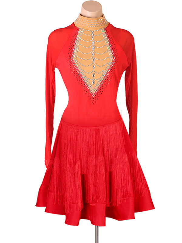 Costume de danse latine Robe en polyester pour femme rouge Sexy Strass Fringe Latin Dancer Dancing Wear