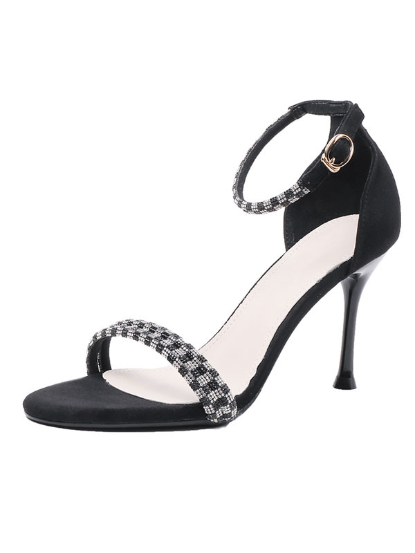 Chaussures Chaussures de Circonstance | Sandales à talons hauts noir Micro daim haut bout rond strass chaussures de soirée femmes chaussures de fête - JJ19059