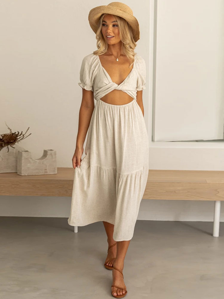 Women's Clothing Dresses | Asymmetrical Polyester Sexy V-Neck Short Sleeves Midi Dress - ST30330
