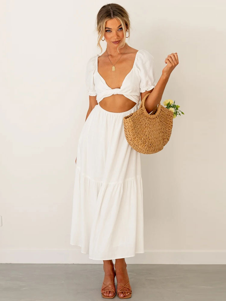 Women's Clothing Dresses | Asymmetrical Polyester Sexy V-Neck Short Sleeves Midi Dress - ST30330