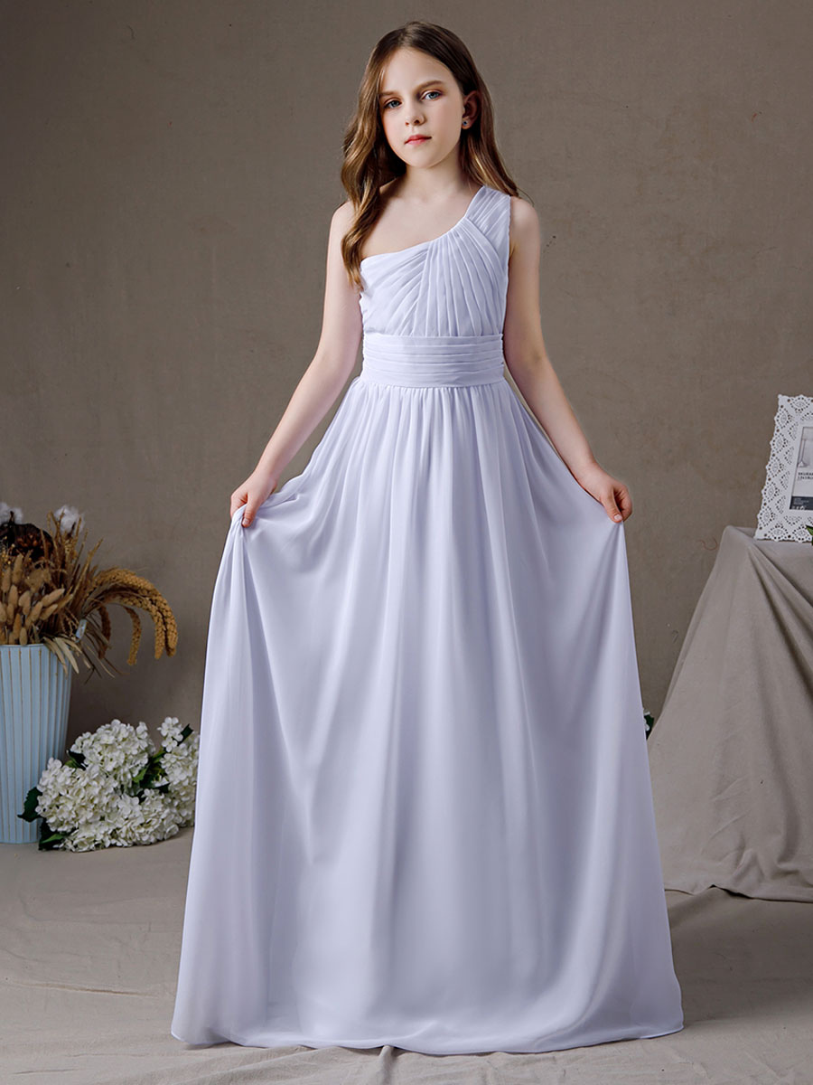 Mariage Robes de soirée pour mariage | Robe de demoiselle d'honneur en mousseline de soie plissée une épaule sans manches blanc - FZ35944