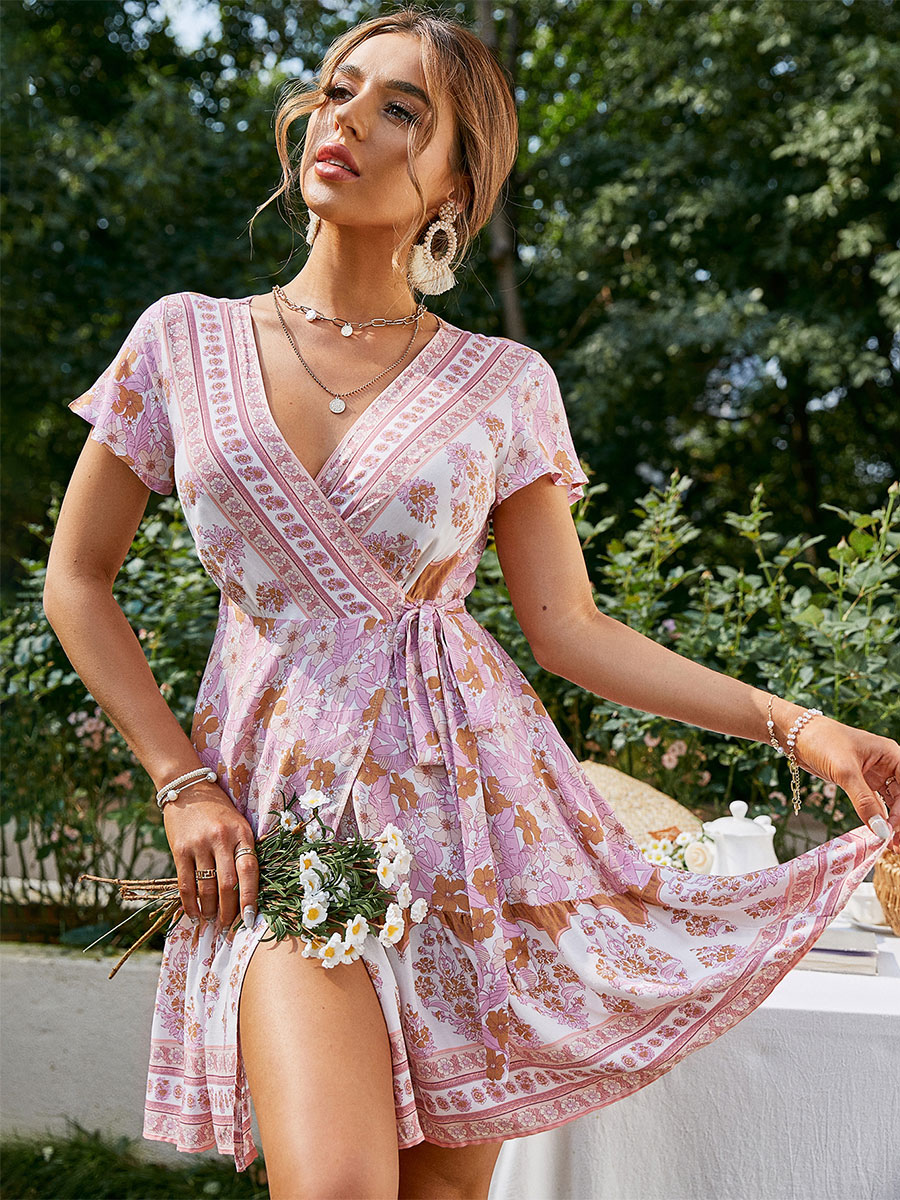 Women's Clothing Dresses | Summer Dress V-Neck Floral Print Lace Up Knotted Pink Short Beach Dress - RC91250