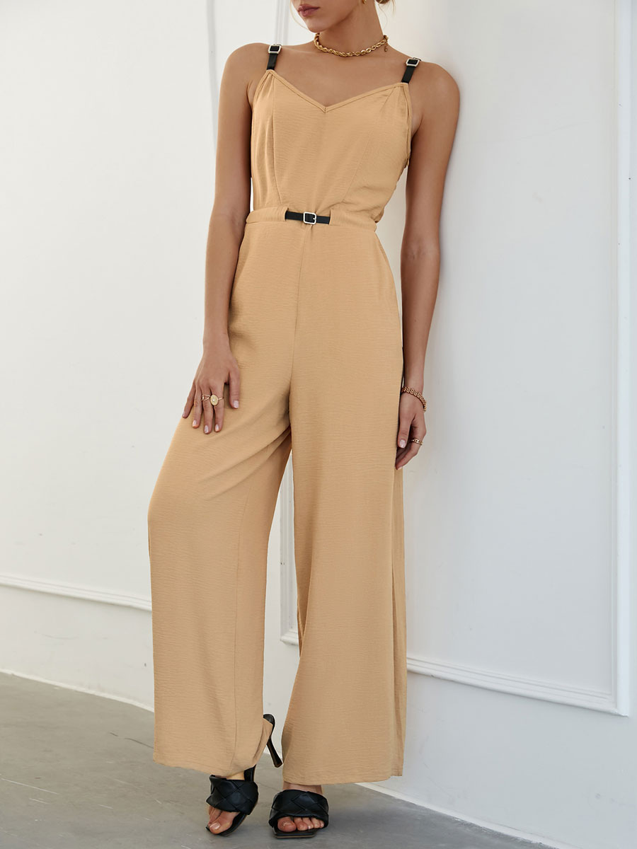 Women's Clothing Jumpsuits & Rompers | Khaki Straps V-Neck Sleeveless Sash Polyester Wide Leg Jumpsuits For Women - DW34701