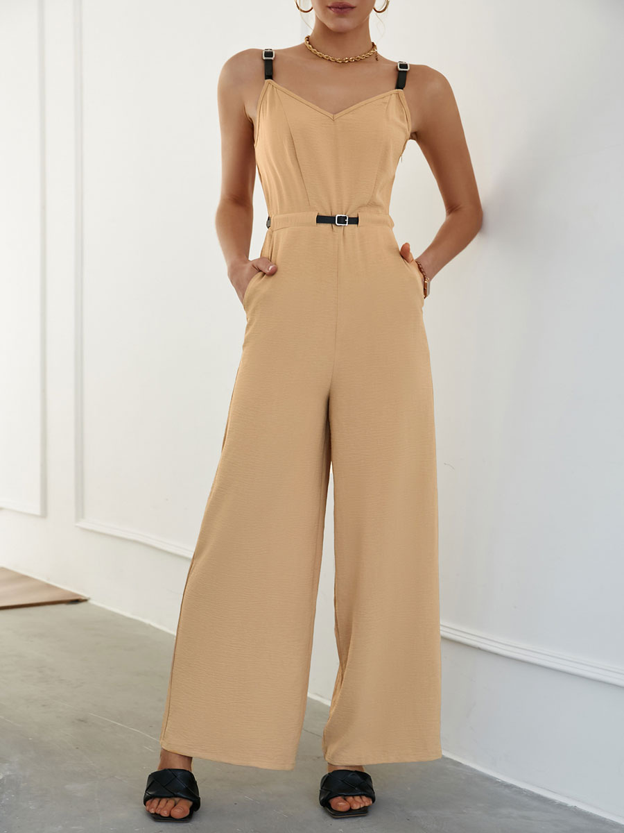 Women's Clothing Jumpsuits & Rompers | Khaki Straps V-Neck Sleeveless Sash Polyester Wide Leg Jumpsuits For Women - DW34701