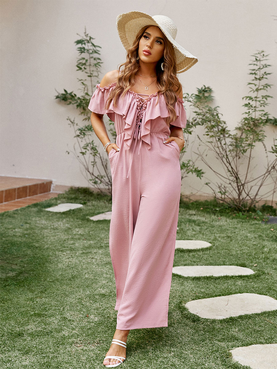 Women's Clothing Jumpsuits & Rompers | Pink Bateau Neck Sleeveless Lace Up Polyester Wide Leg Jumpsuits For Women - PN45351