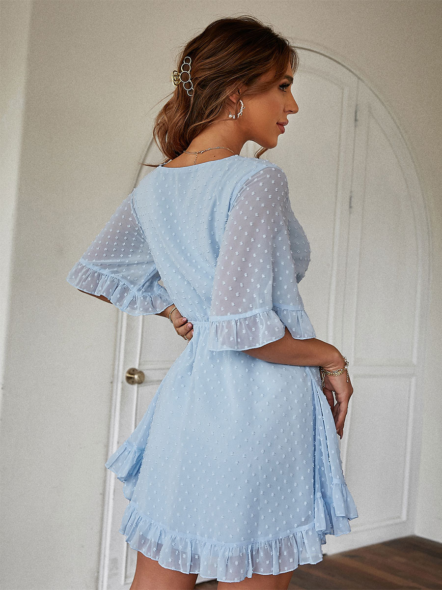 Women's Clothing Dresses | Summer Dress V-Neck Lace Up Knotted Blue Short Beach Dress - LN29458