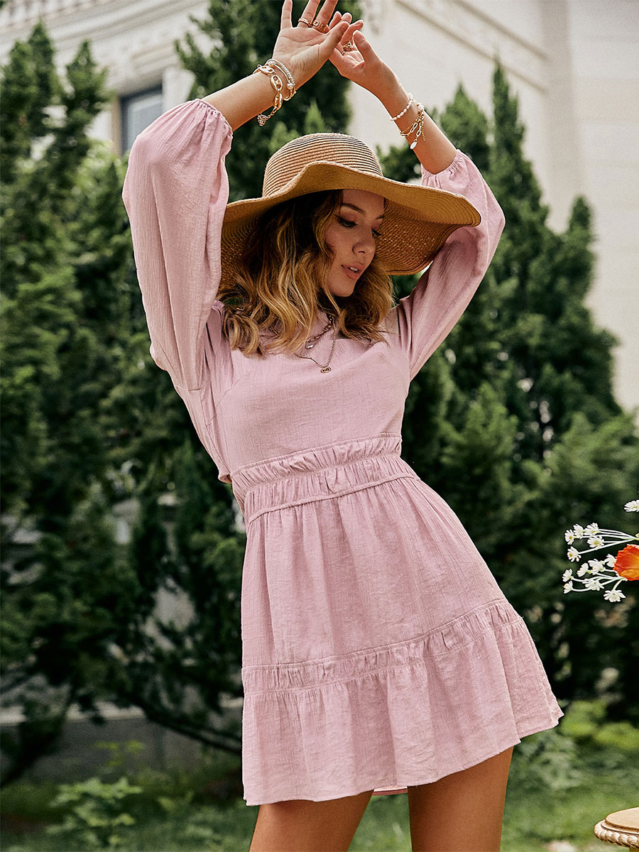 Women's Clothing Dresses | Summer Dress Pink Jewel Neck Lace Up Polyester Beach Dress - EK21650
