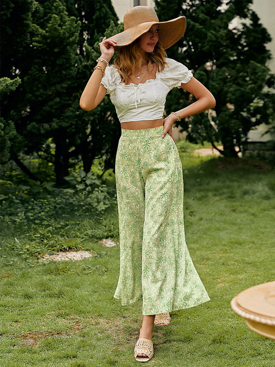 Women's Clothing Women's Bottoms | Pants Light Green Polyester Raised Waist Floral Print Trousers - OG35627