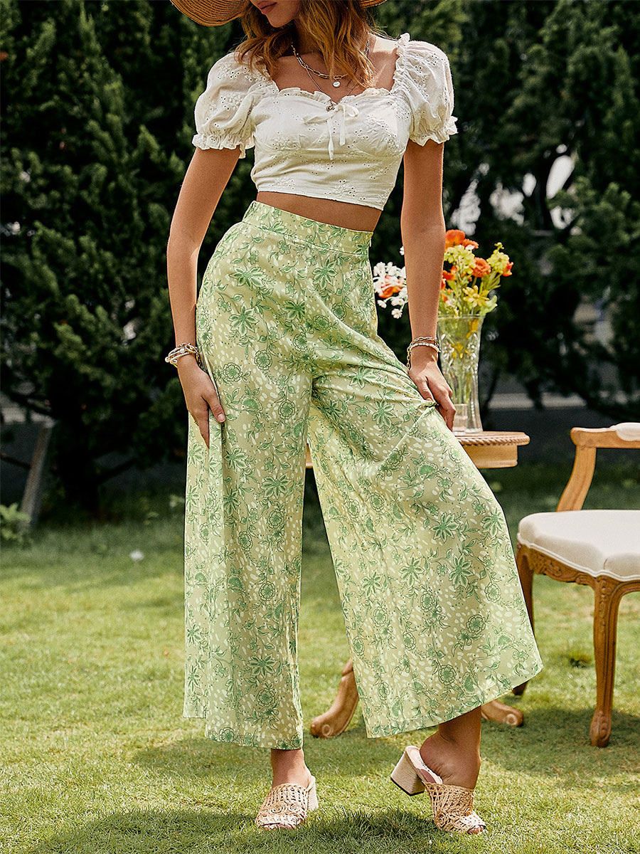 Women's Clothing Women's Bottoms | Pants Light Green Polyester Raised Waist Floral Print Trousers - OG35627