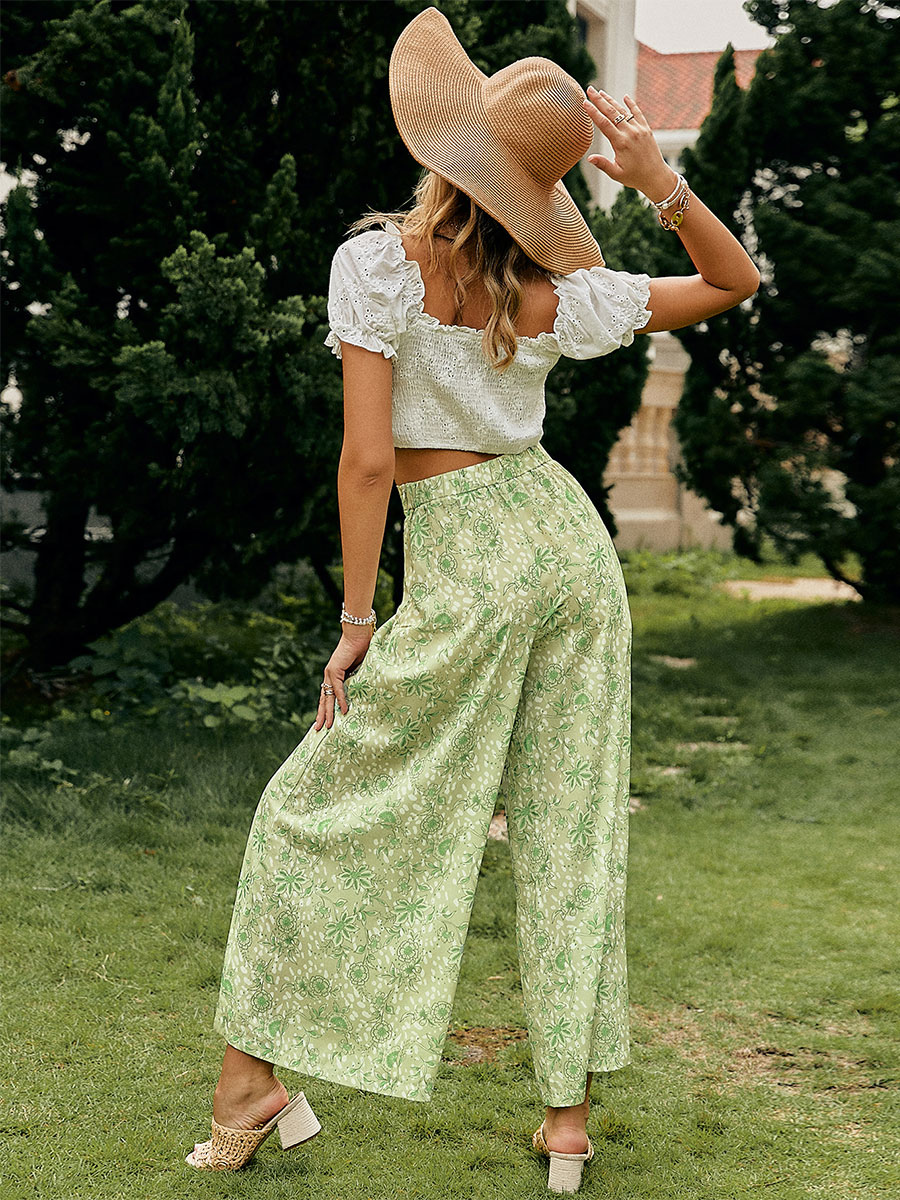 Women's Clothing Women's Bottoms | Pants Light Green Polyester Raised Waist Floral Print Trousers - OG35627