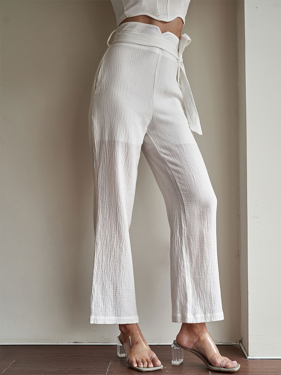 Women's Clothing Women's Bottoms | Pants White Lace Up Polyester Raised Waist Trousers - DQ74864