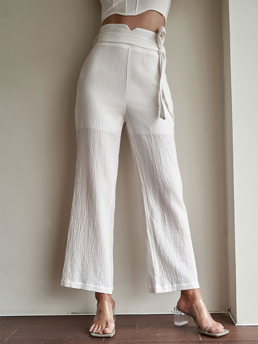 Women's Clothing Women's Bottoms | Pants White Lace Up Polyester Raised Waist Trousers - DQ74864