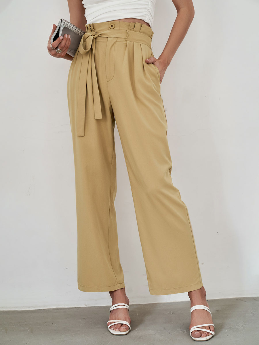 Women's Clothing Women's Bottoms | Pants Khaki Lace Up Polyester Raised Waist Trousers - DG51569