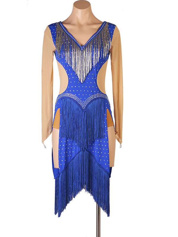 Costume de danse latine Costume Blue Femmes Polyester Robe Sexy Frange Strass Costume de danse latin danseuse