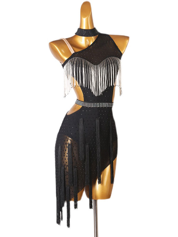 Costume de danse latine strass de femmes noires marginales sans dos bodycone robe polyester sexy costume de danse